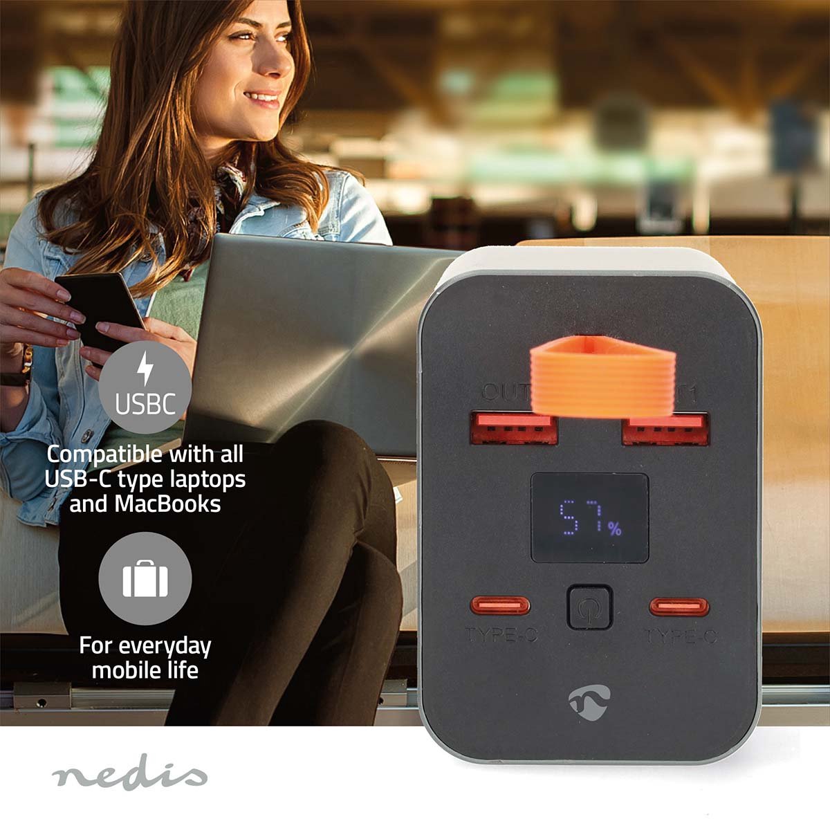 Nedis Powerbank, 30000 mAh, 2x USB-A, 2x USB-C, PD3.0 100W
