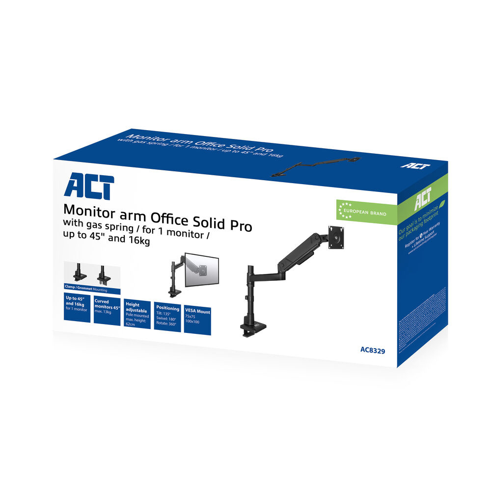 ACT AC8329 Monitorarm Office Solid Pro - Gasveer - 1 scherm tot 45\ - Paalbevestiging