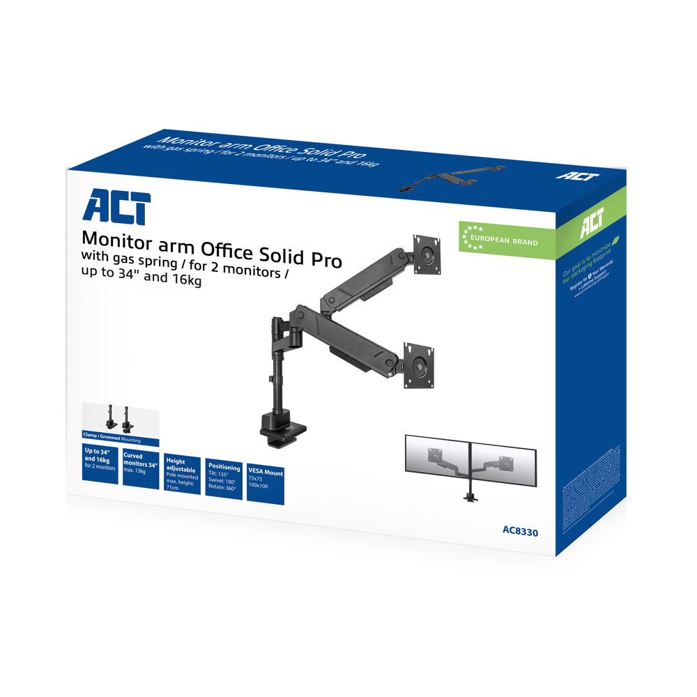ACT AC8330 Monitorarm Office Solid Pro - Gasveer - 2 schermen tot 34\ - Paalbevestiging