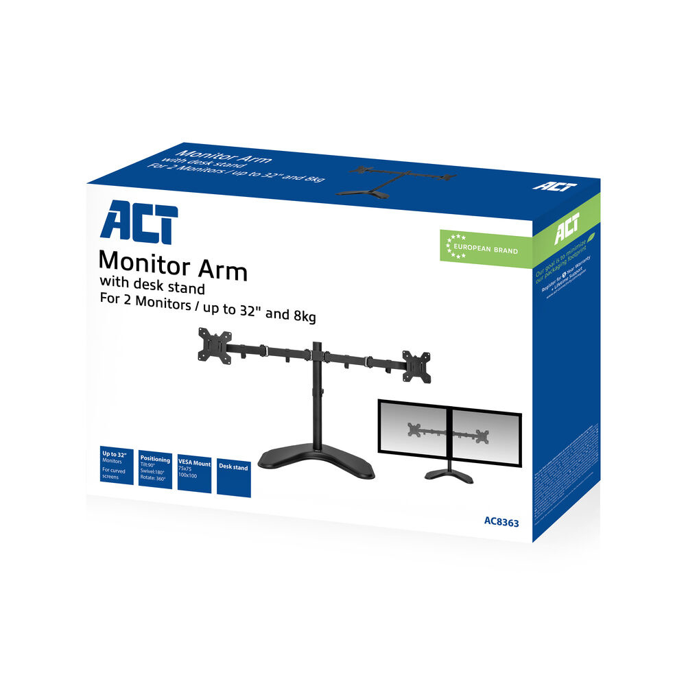 ACT AC8363 - Monitorarm Essentials - 2 schermen tot 32\ - VESA - Hoogte verstelbaar - Op voet