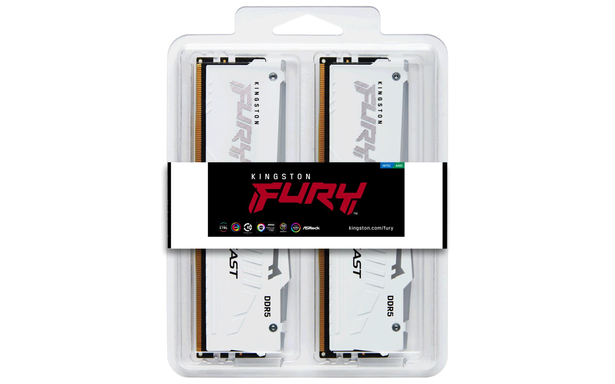 Kingston 32GB DDR5 6000MHz, DIMM, kit van 2, Fury Beast RGB, Wit XMP / EXPO